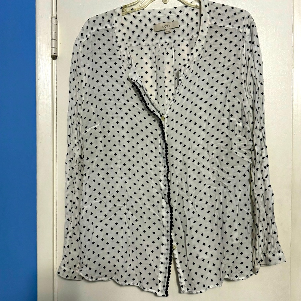 Ann Taylor LOFT polka dot black & white print rayon top blouse long sleeve XXL
